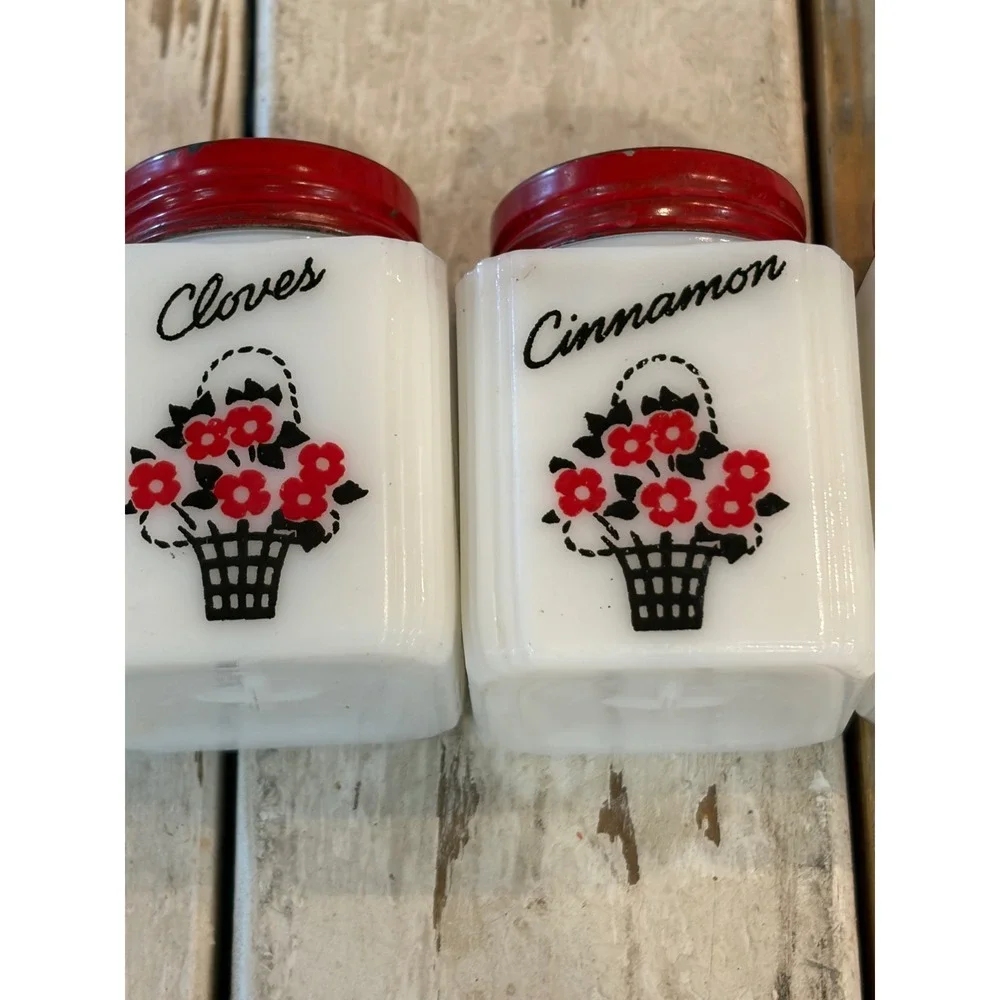 Vintage TIPP USA Milk Glass Spice Jar Set 8pc Red Lids Floral Basket Rack